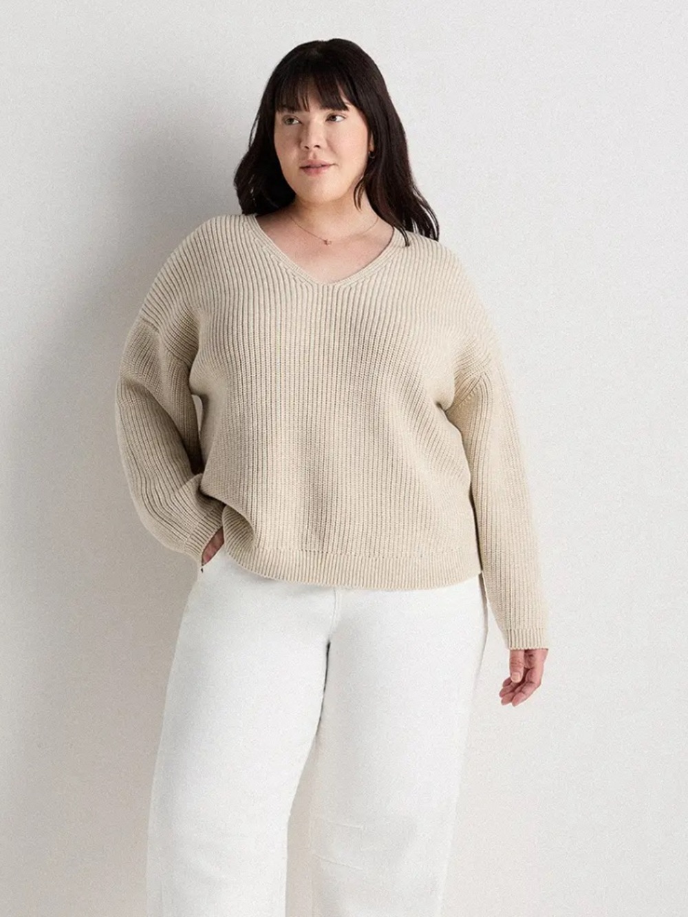 Quince Fisherman V-Neck Sweater 100% Organic Cotton in Speckled Beige Size Large - Picture 1 of 15